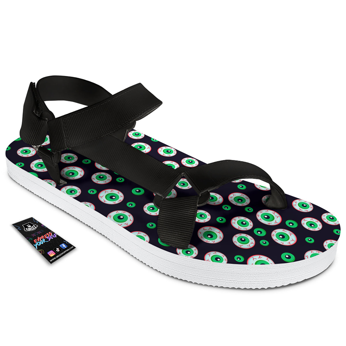 Zombie Eyeball Print Pattern Black Open Toe Sandals-grizzshop