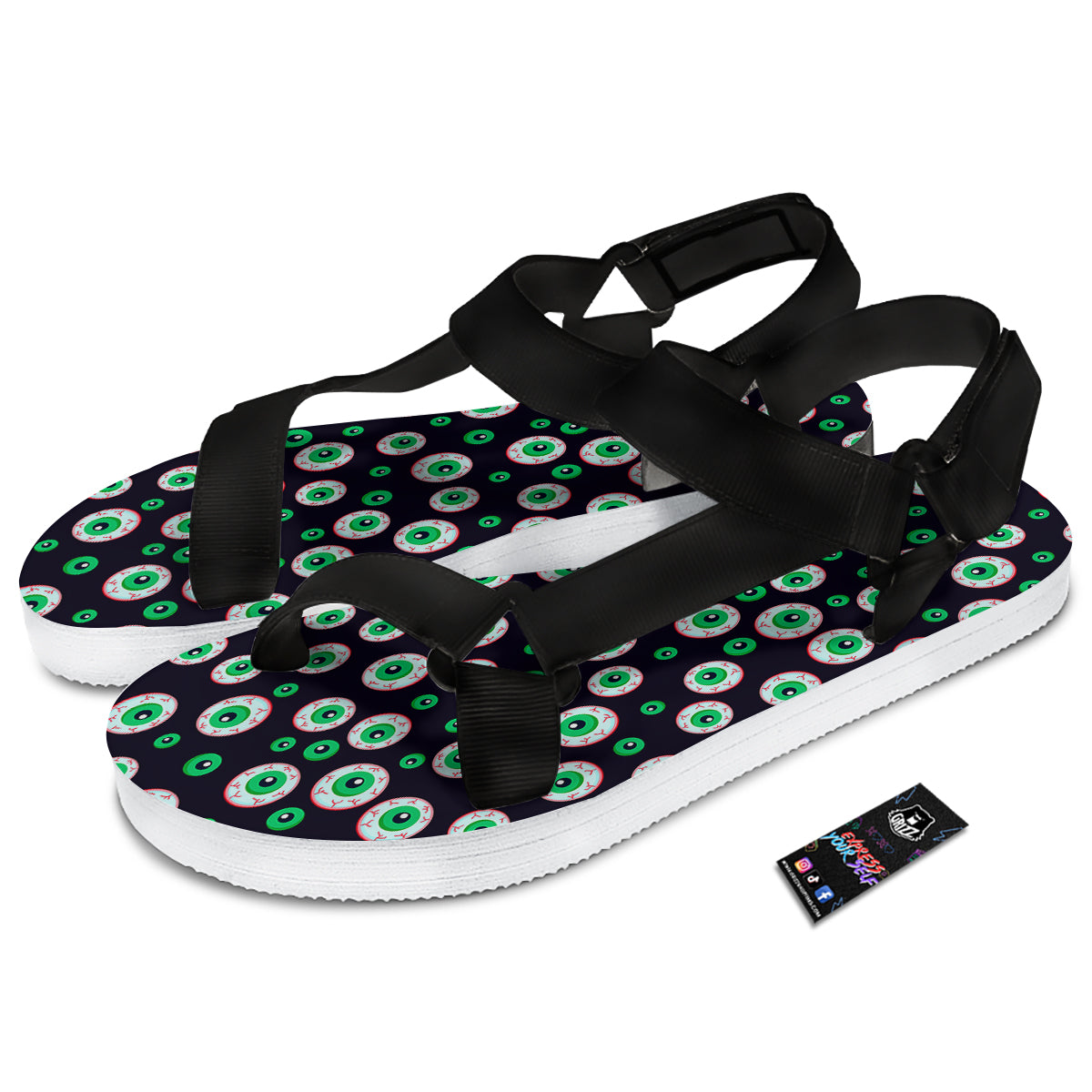 Zombie Eyeball Print Pattern Black Open Toe Sandals-grizzshop