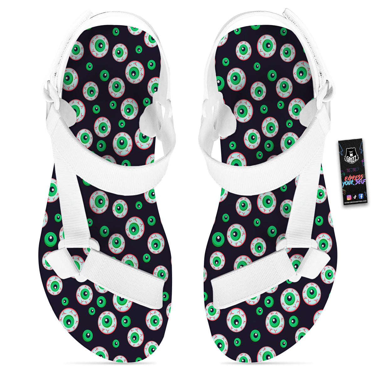 Zombie Eyeball Print Pattern White Open Toe Sandals-grizzshop