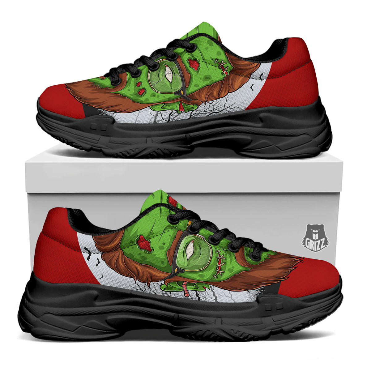 Zombie Face Halloween Character Print Black Chunky Shoes-grizzshop