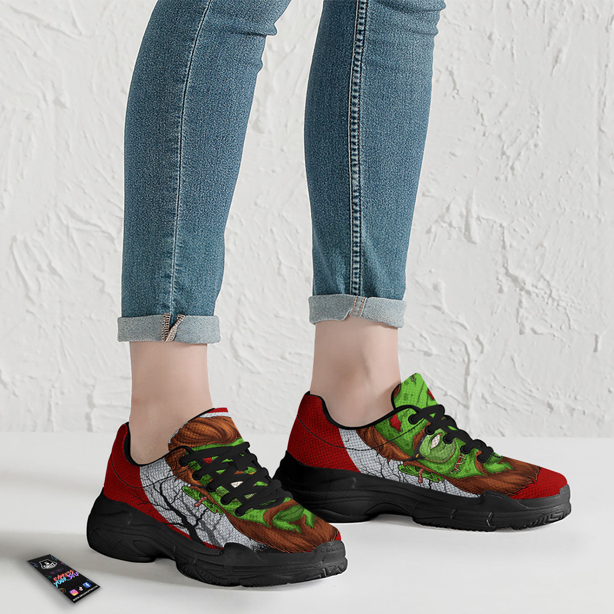 Zombie Face Halloween Character Print Black Chunky Shoes-grizzshop