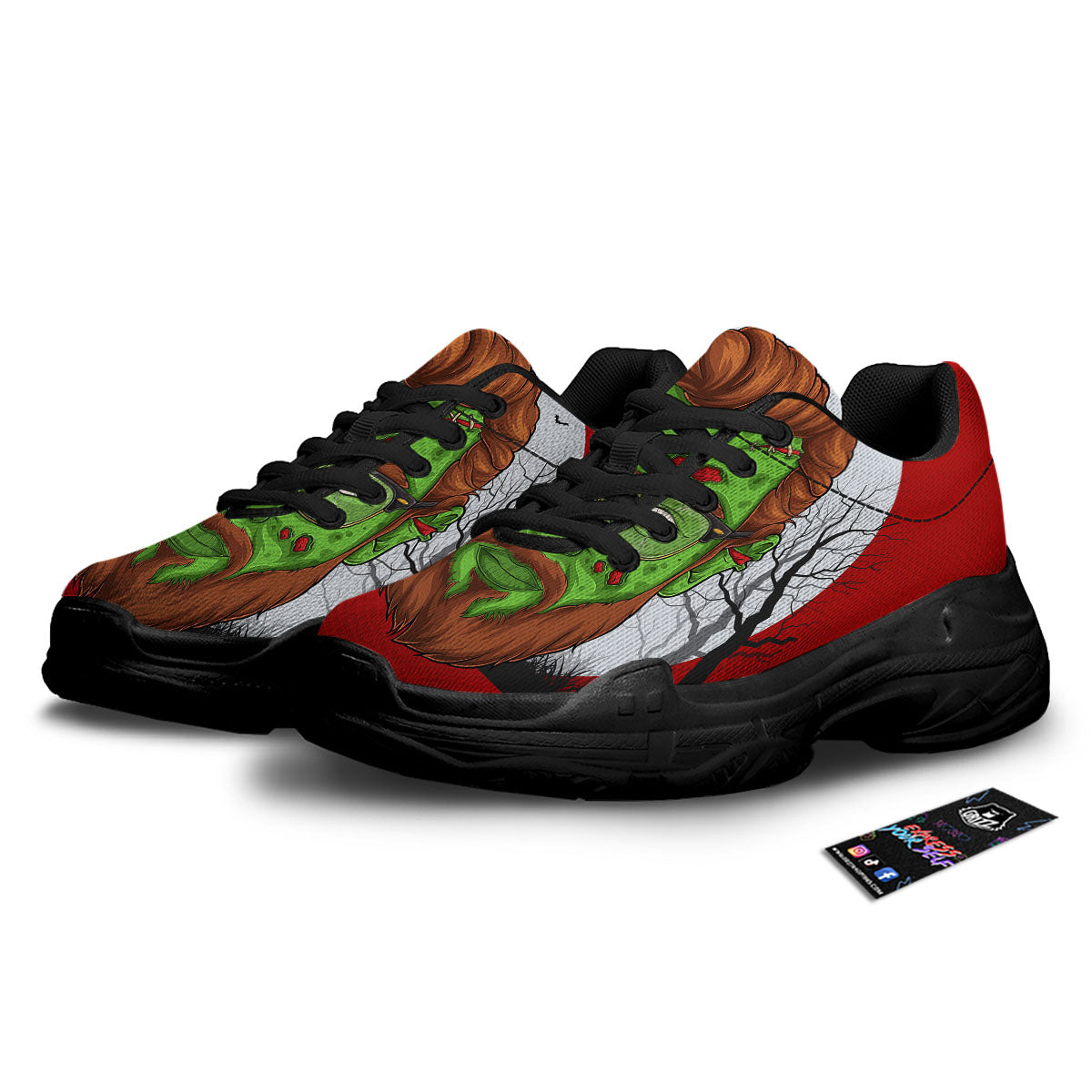Zombie Face Halloween Character Print Black Chunky Shoes-grizzshop
