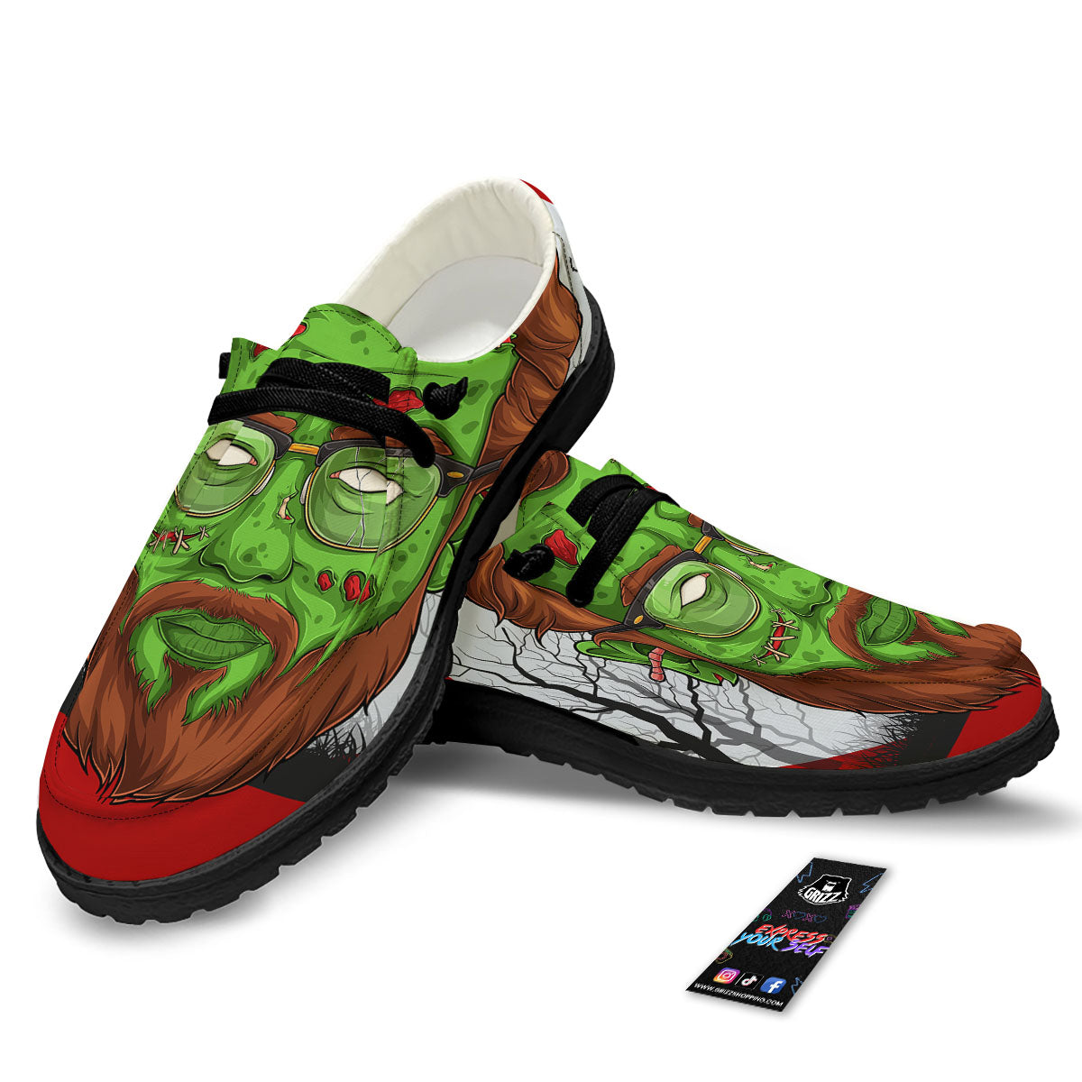 Zombie Face Halloween Character Print Black Loafers-grizzshop