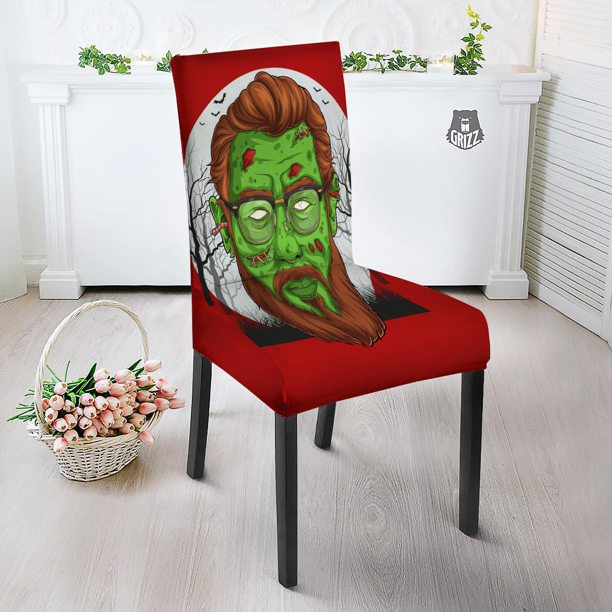 Zombie Face Halloween Character Print Dining Chair Slipcover-grizzshop