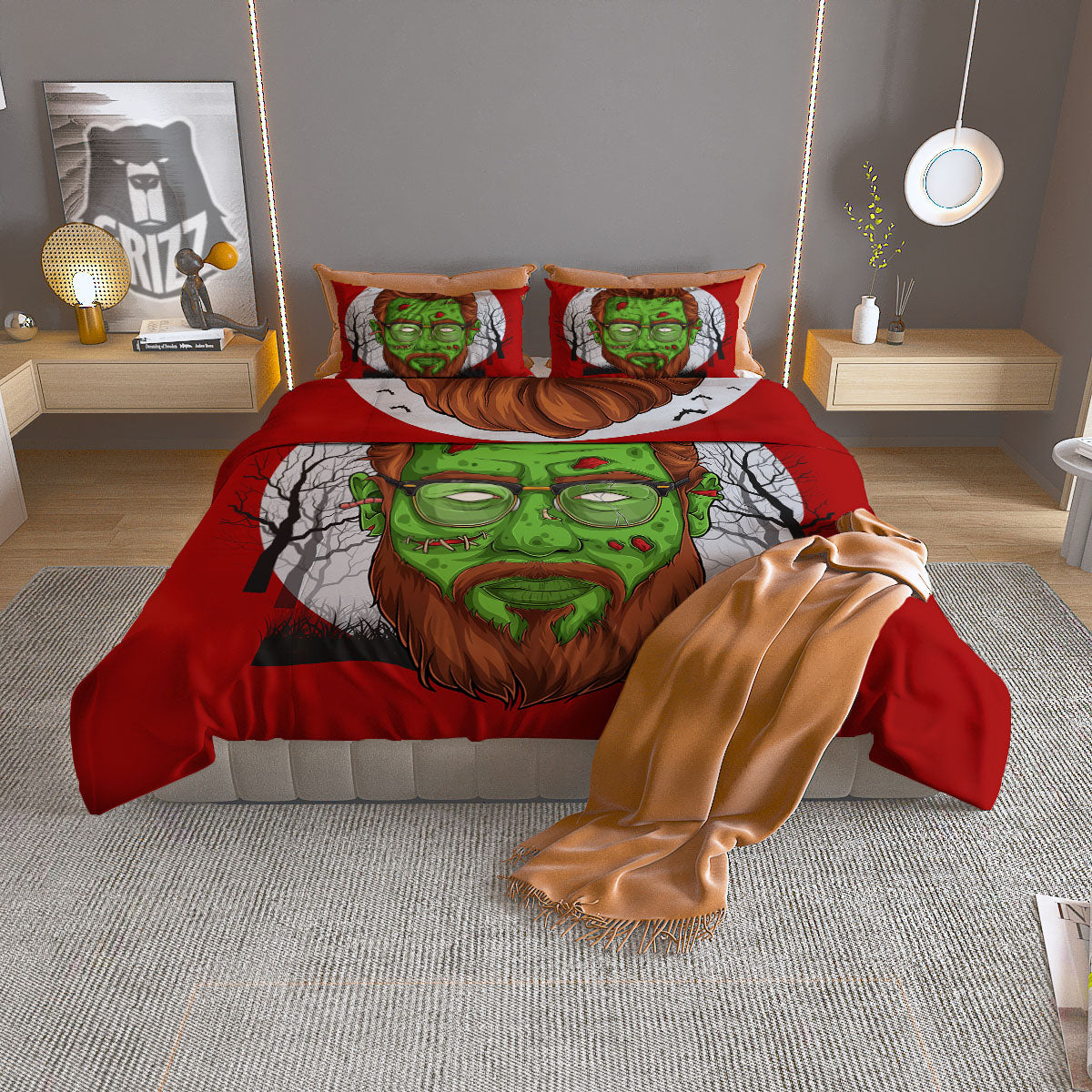 Zombie Face Halloween Character Print Duvet Cover Bedding Set