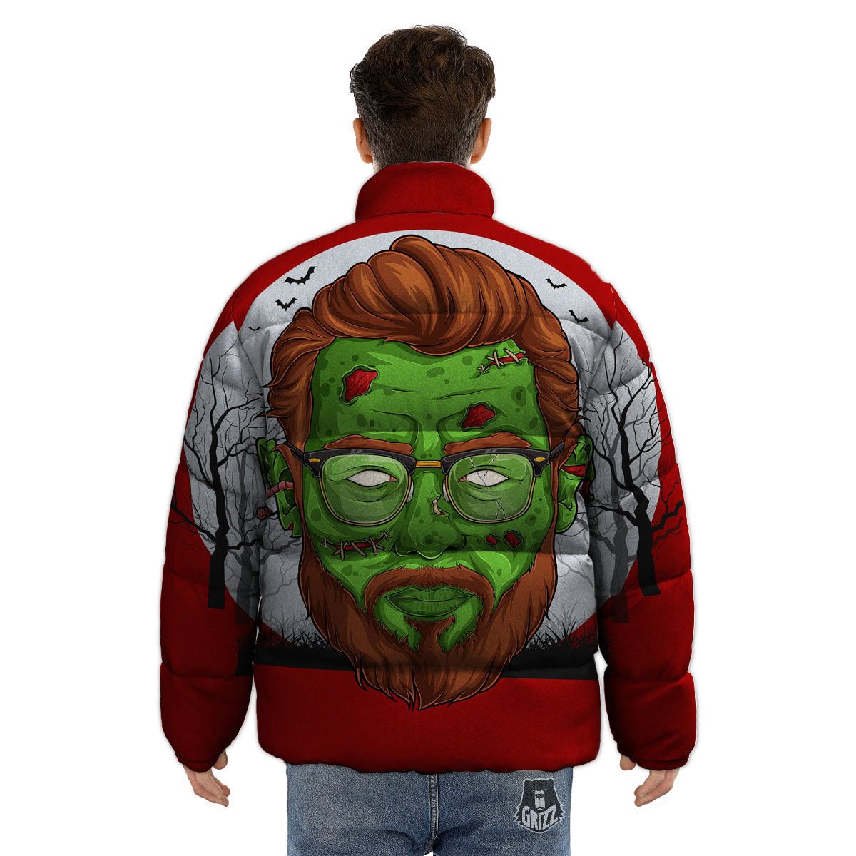 Zombie Face Halloween Character Print Puffer Jacket-grizzshop