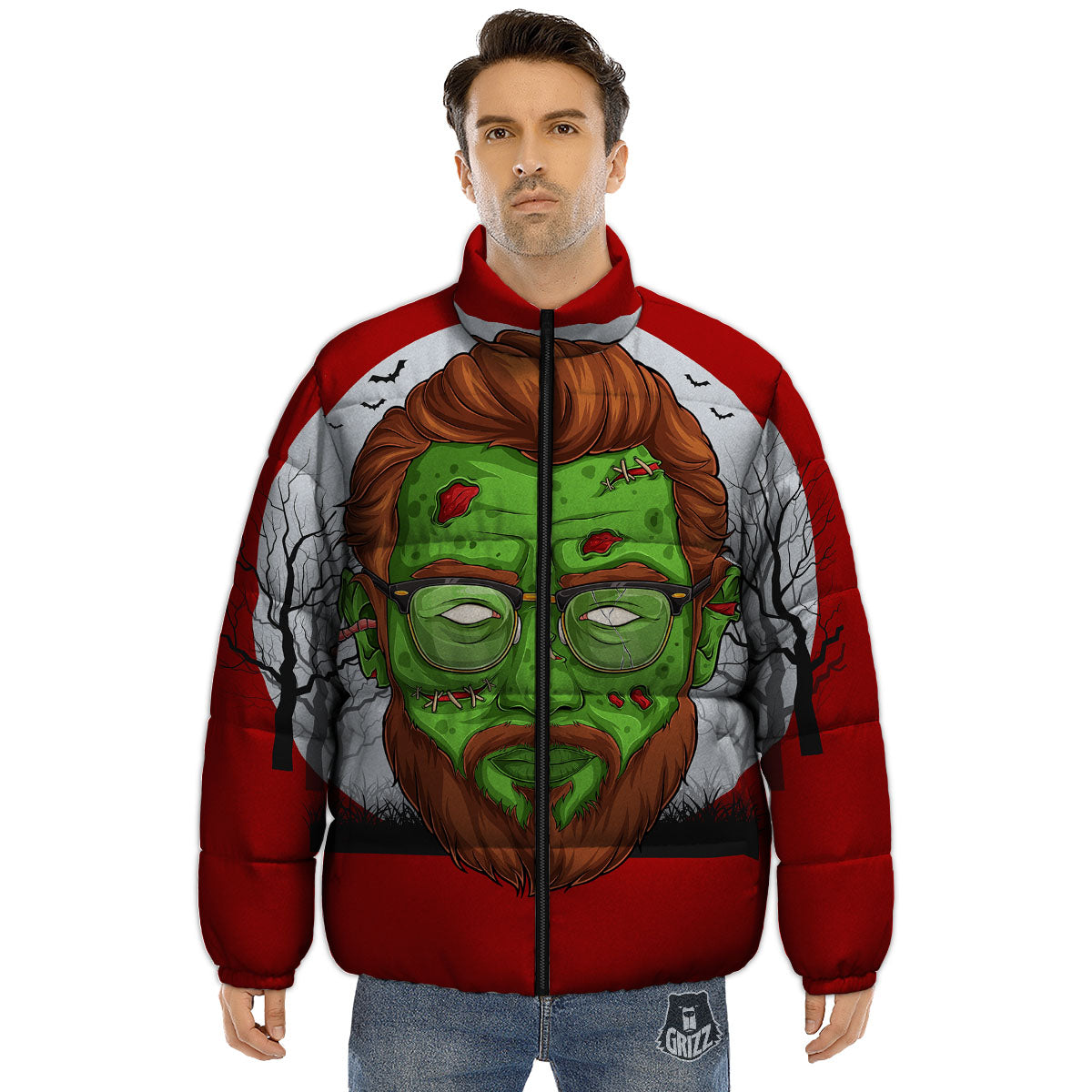Zombie Face Halloween Character Print Puffer Jacket-grizzshop