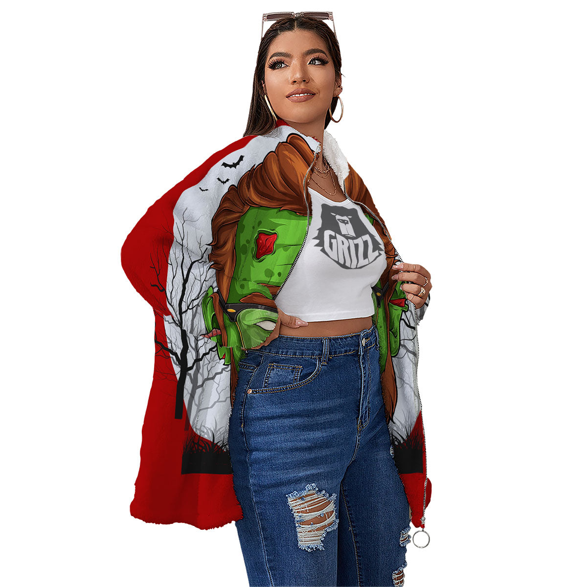 Zombie Face Halloween Character Print Women's Sherpa Jacket-grizzshop