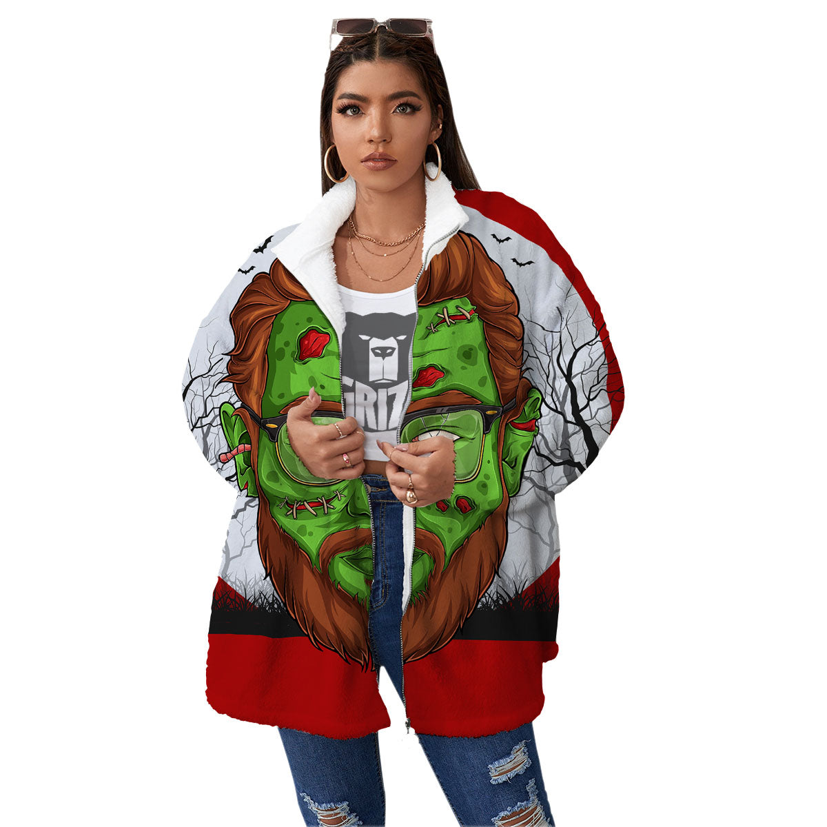 Zombie Face Halloween Character Print Women's Sherpa Jacket-grizzshop