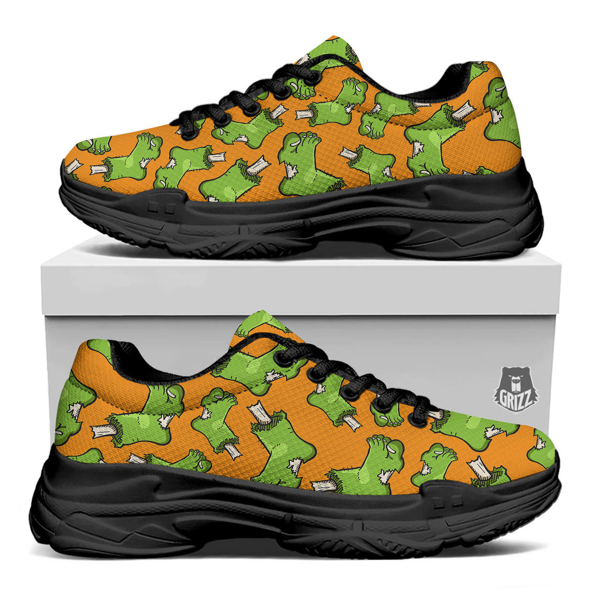 Zombie Foot Print Pattern Black Chunky Shoes-grizzshop