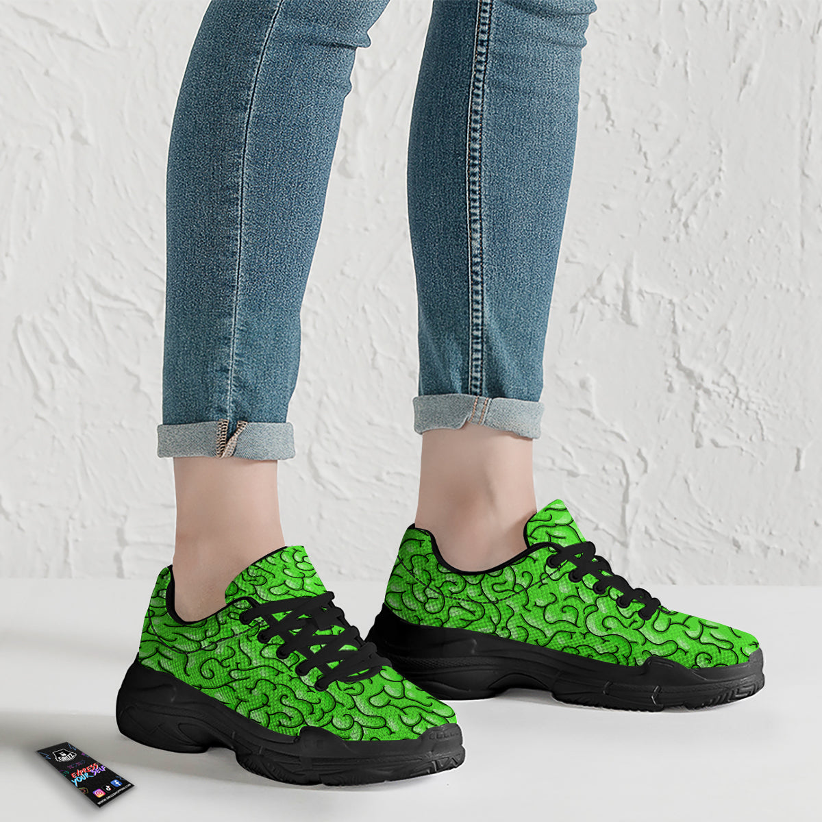 Zombie Green Brain Print Pattern Black Chunky Shoes-grizzshop