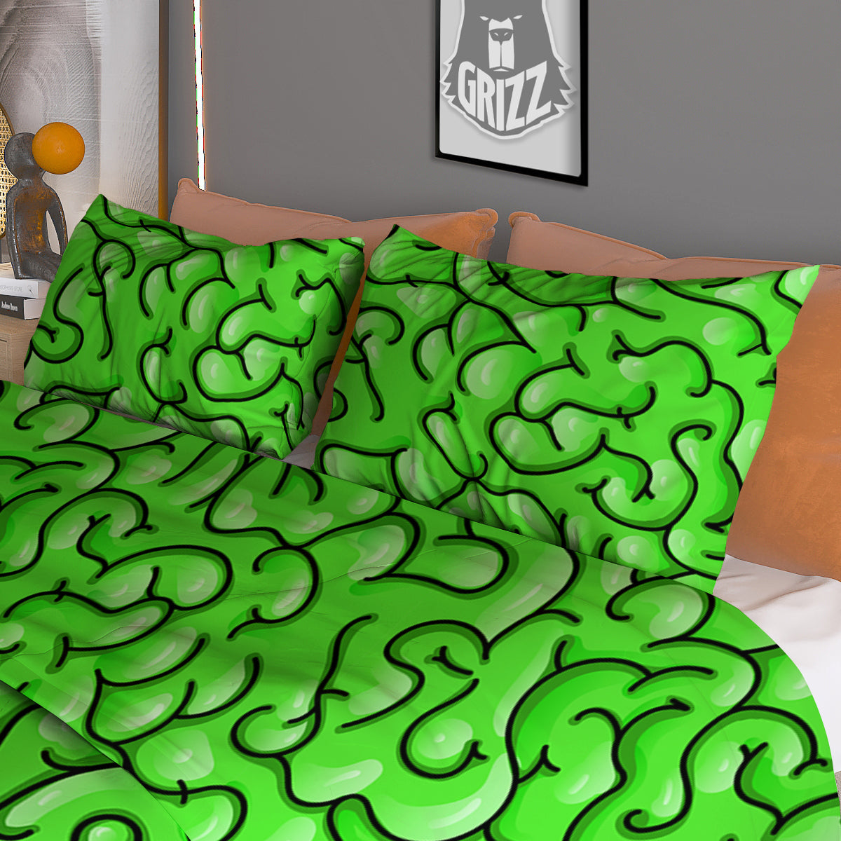 Zombie Green Brain Print Pattern Duvet Cover Bedding Set