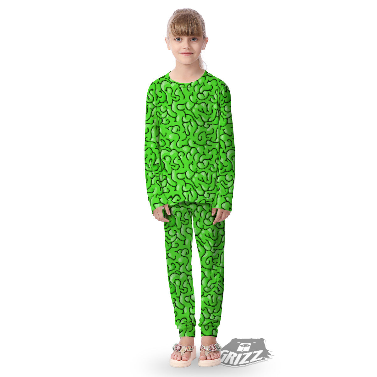 Zombie Green Brain Print Pattern Kid's Pajamas-grizzshop