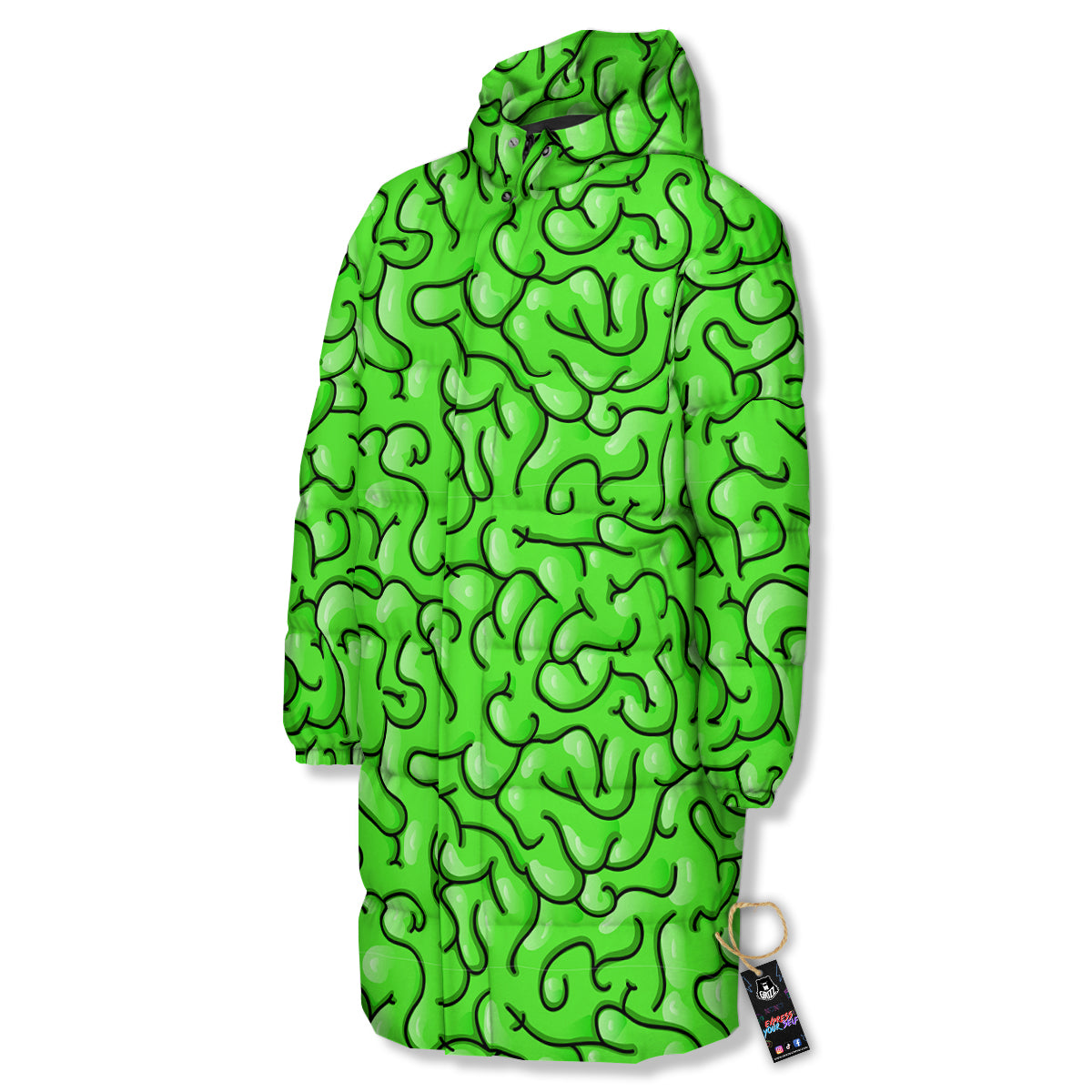Zombie Green Brain Print Pattern Long Down Jacket-grizzshop