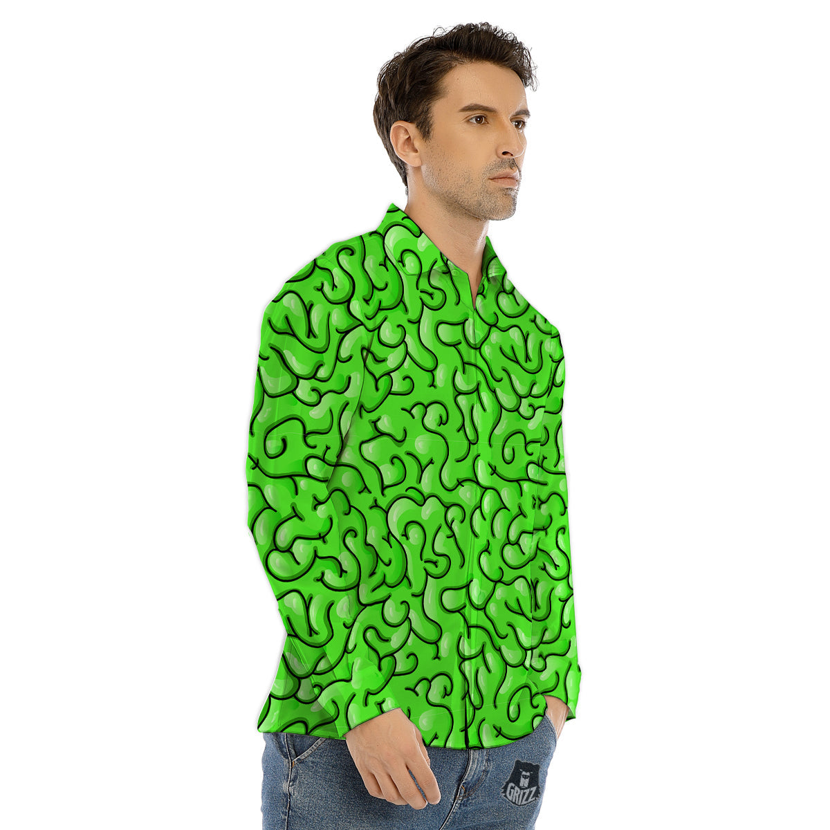 Zombie Green Brain Print Pattern Men's Dress Shirts-grizzshop