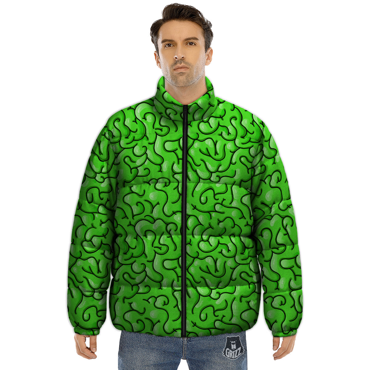 Zombie Green Brain Print Pattern Puffer Jacket-grizzshop