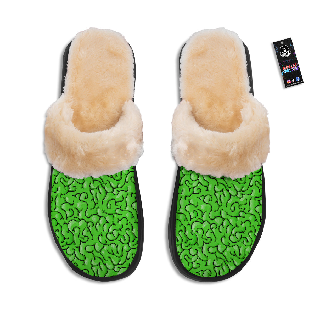 Zombie Green Brain Print Pattern Slippers-grizzshop