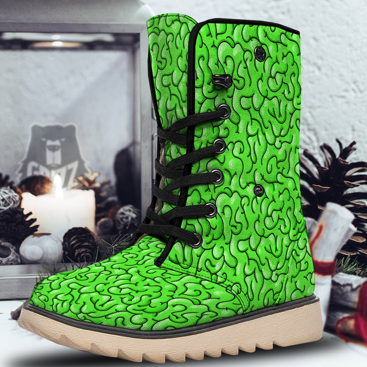 Zombie Green Brain Print Pattern Snow Boots-grizzshop