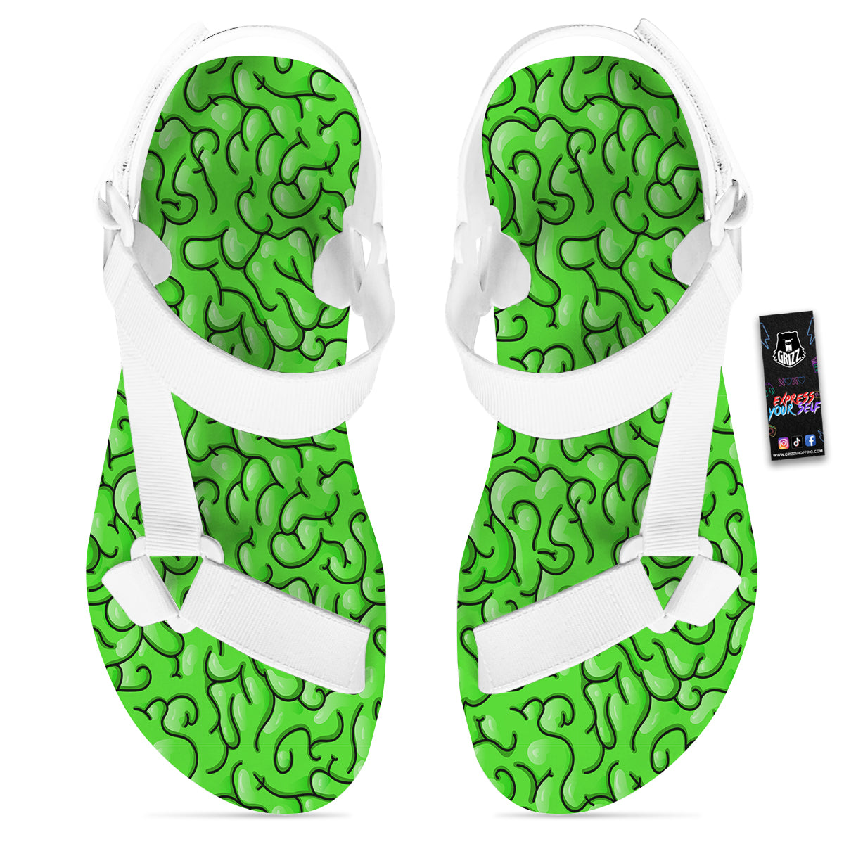 Zombie Green Brain Print Pattern White Open Toe Sandals-grizzshop