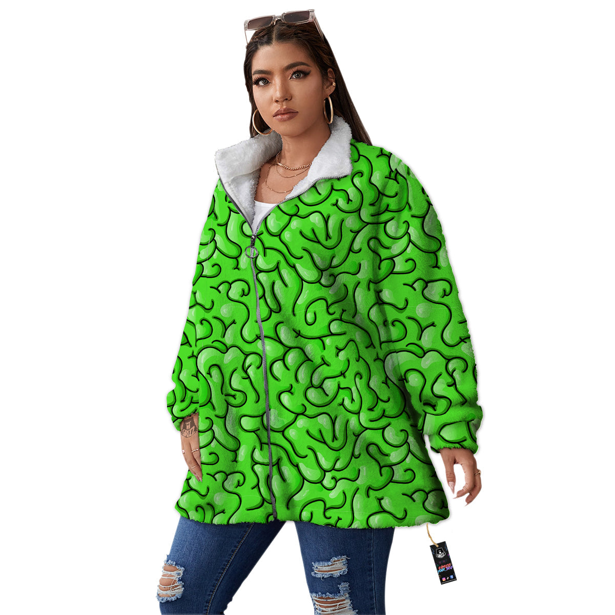 Zombie Green Brain Print Pattern Women's Sherpa Jacket-grizzshop