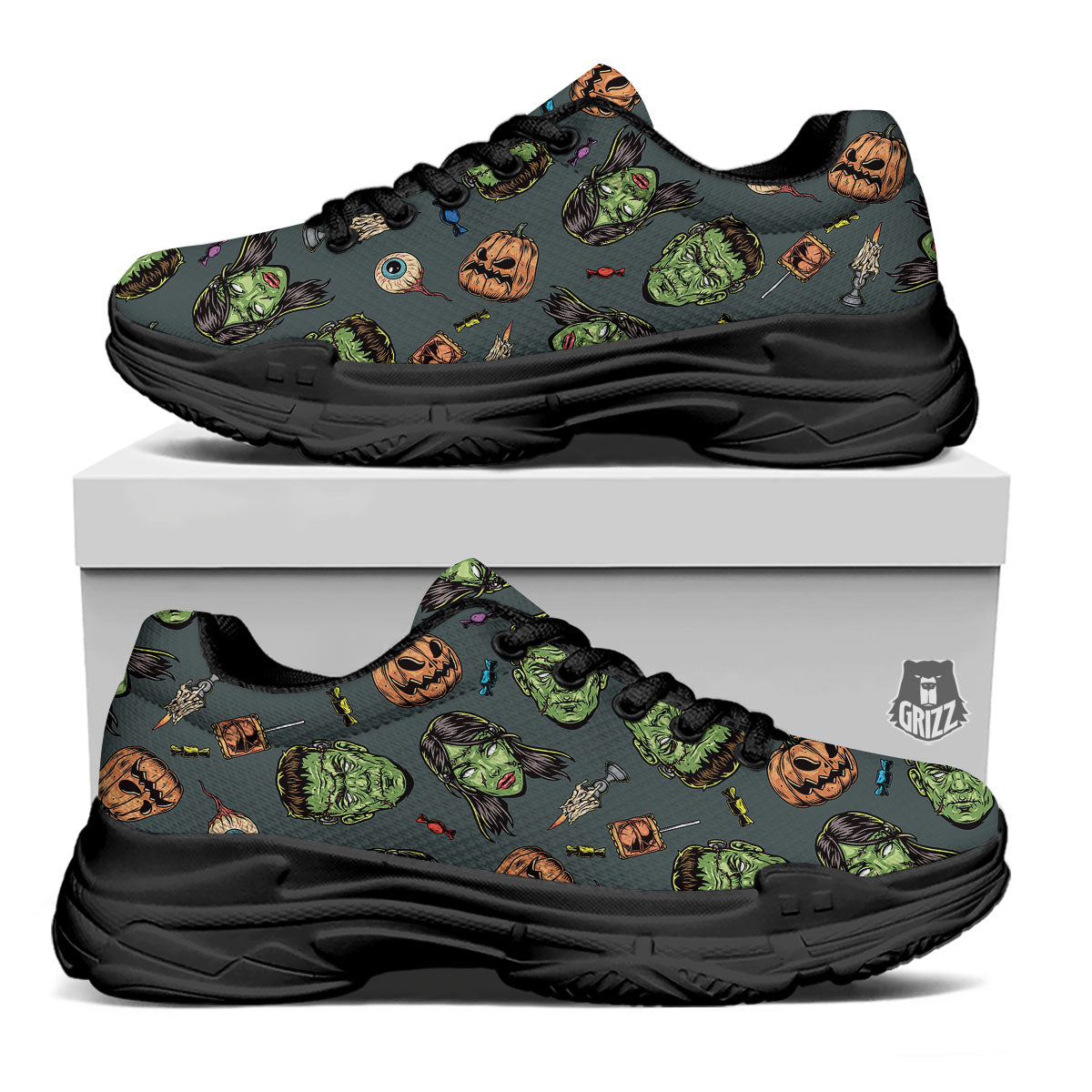 Zombie Halloween Print Pattern Black Chunky Shoes-grizzshop