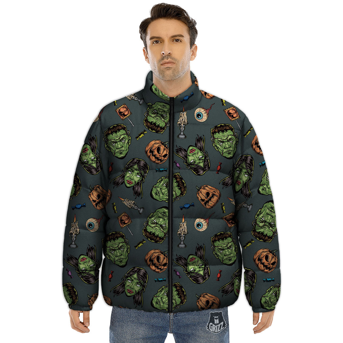 Zombie Halloween Print Pattern Puffer Jacket-grizzshop