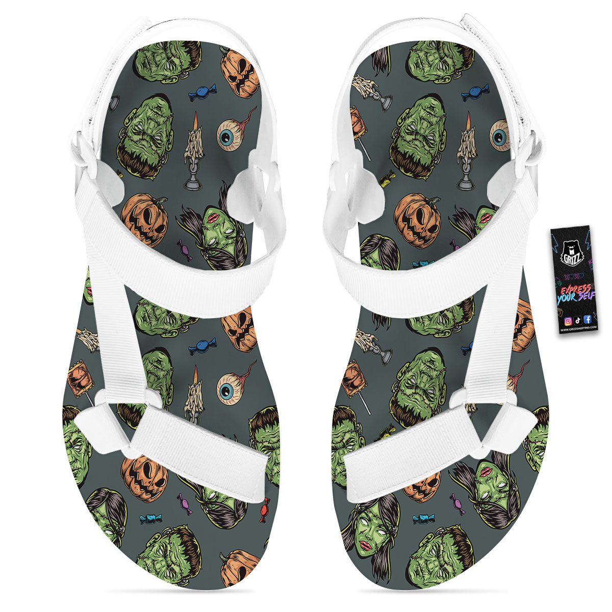 Zombie Halloween Print Pattern White Open Toe Sandals-grizzshop