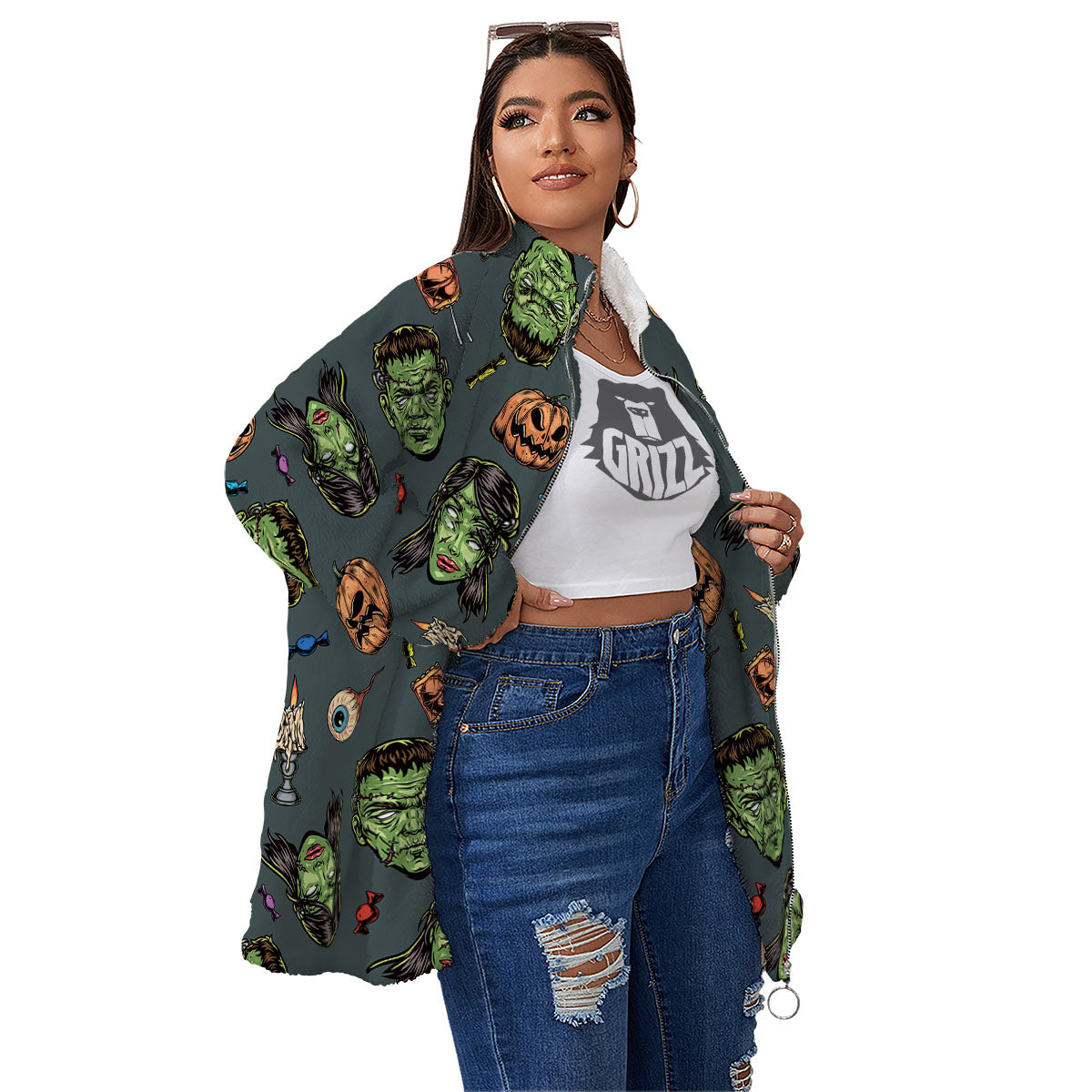 Zombie Halloween Print Pattern Women's Sherpa Jacket-grizzshop