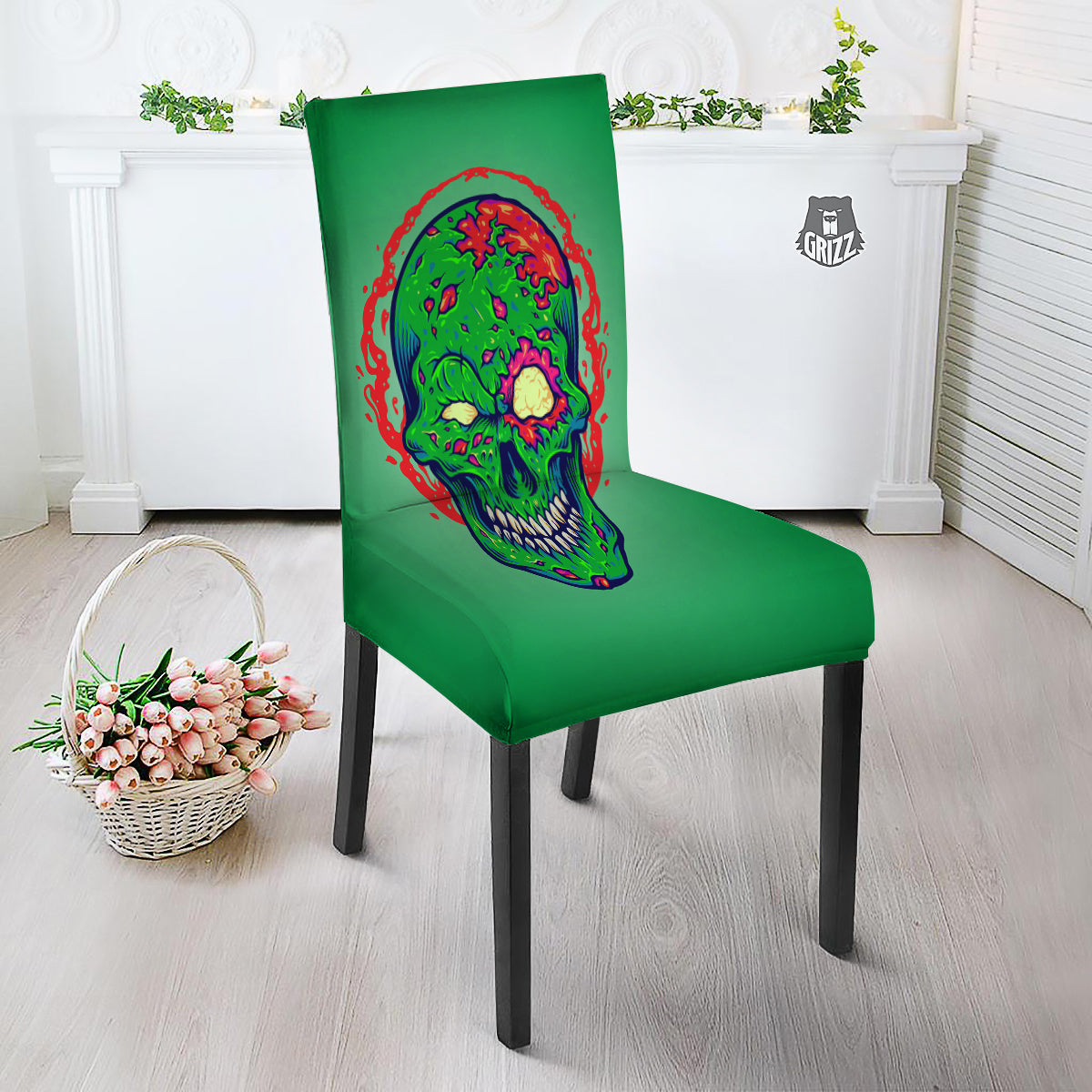 Zombie Halloween Skull Print Dining Chair Slipcover-grizzshop