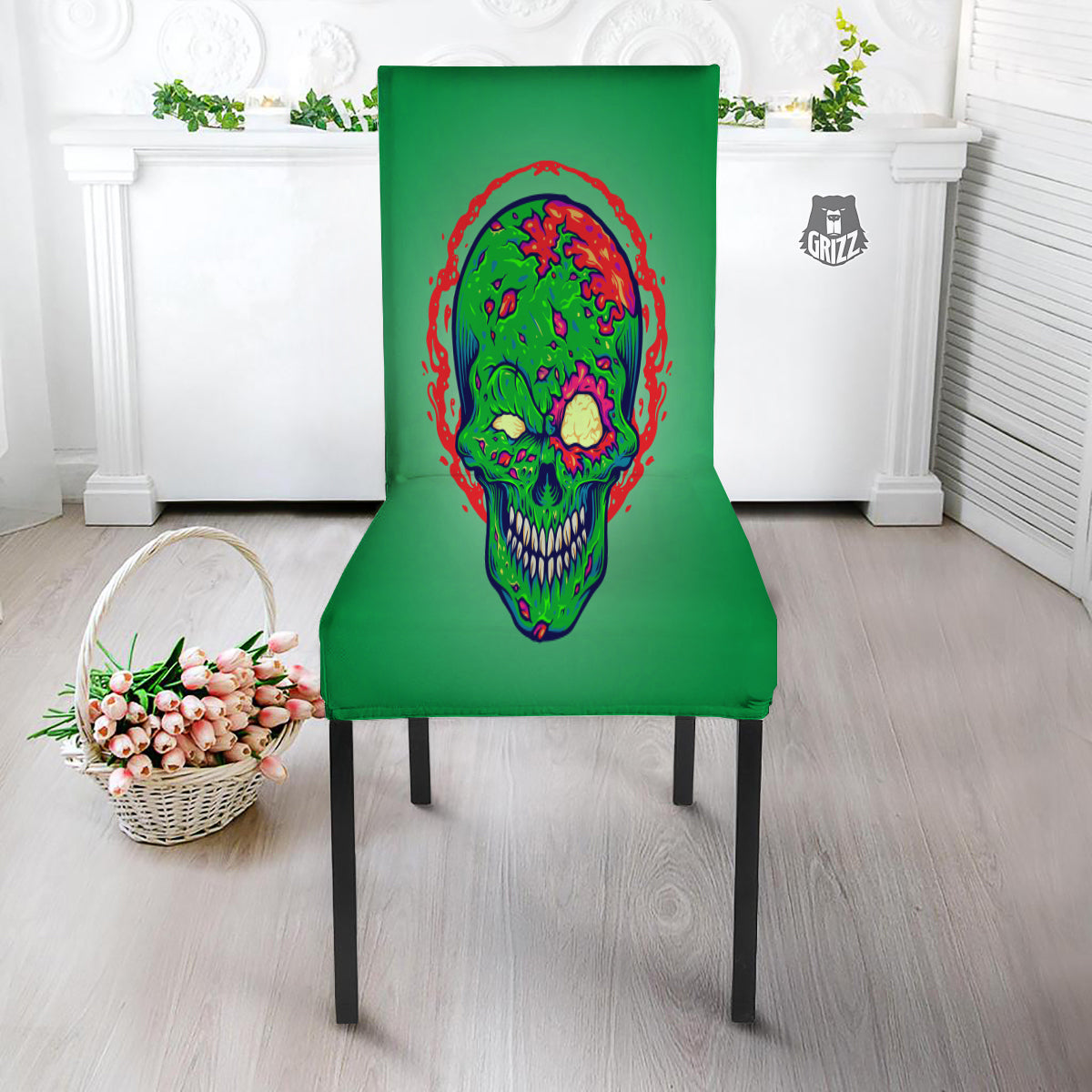 Zombie Halloween Skull Print Dining Chair Slipcover-grizzshop