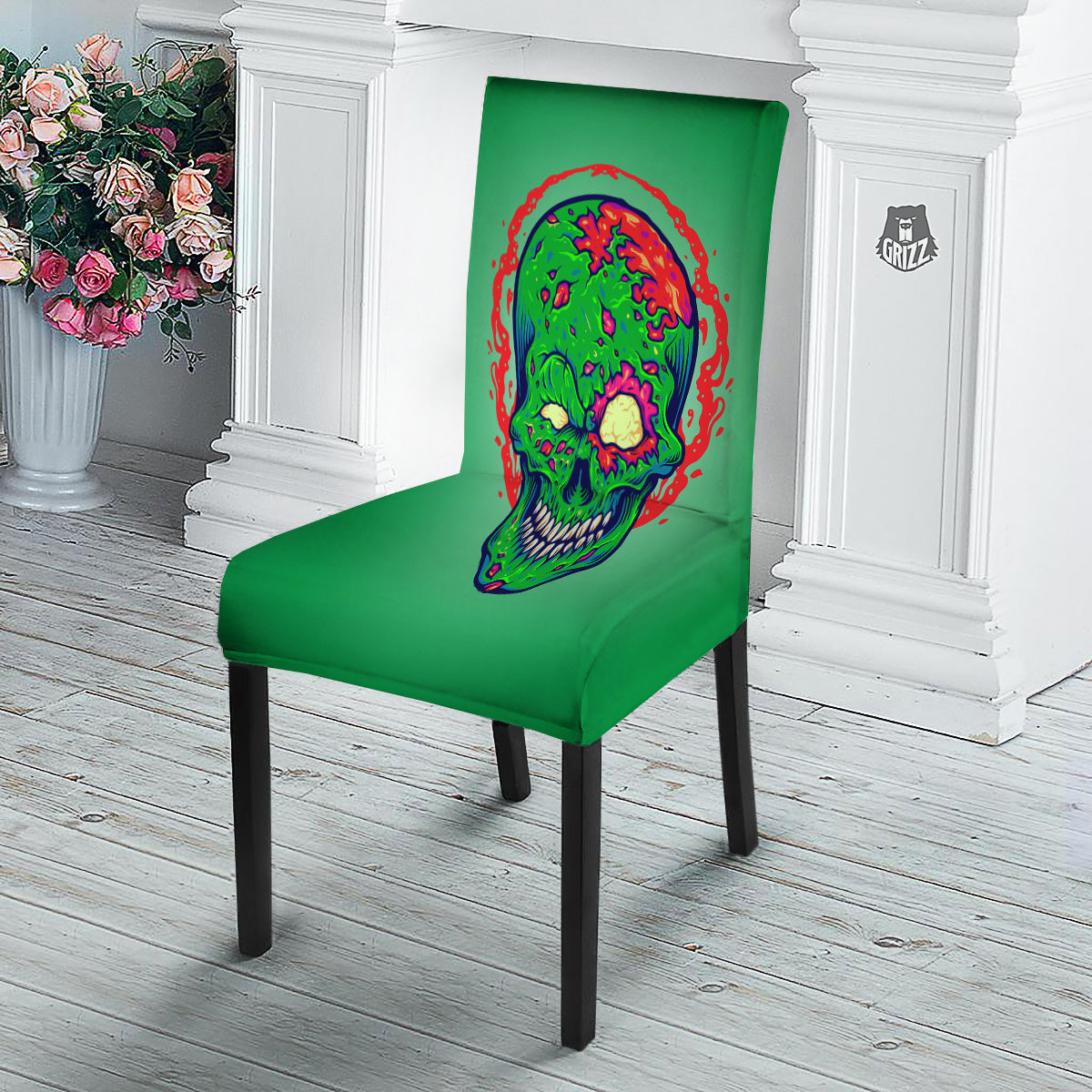 Zombie Halloween Skull Print Dining Chair Slipcover-grizzshop