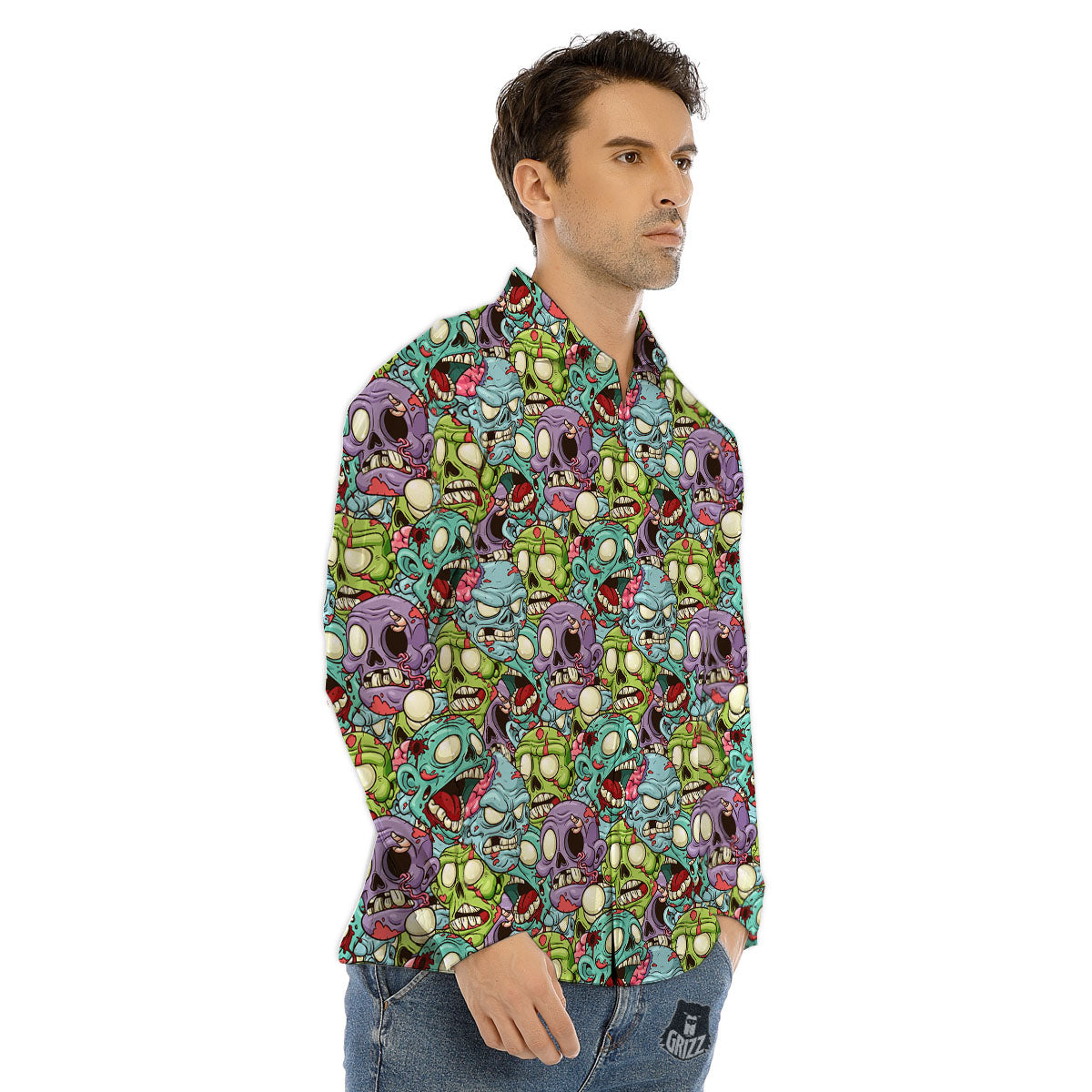 Zombie Halloween Skull Print Men's Dress Shirts-grizzshop