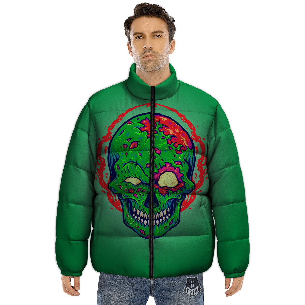 Zombie Halloween Skull Print Puffer Jacket-grizzshop