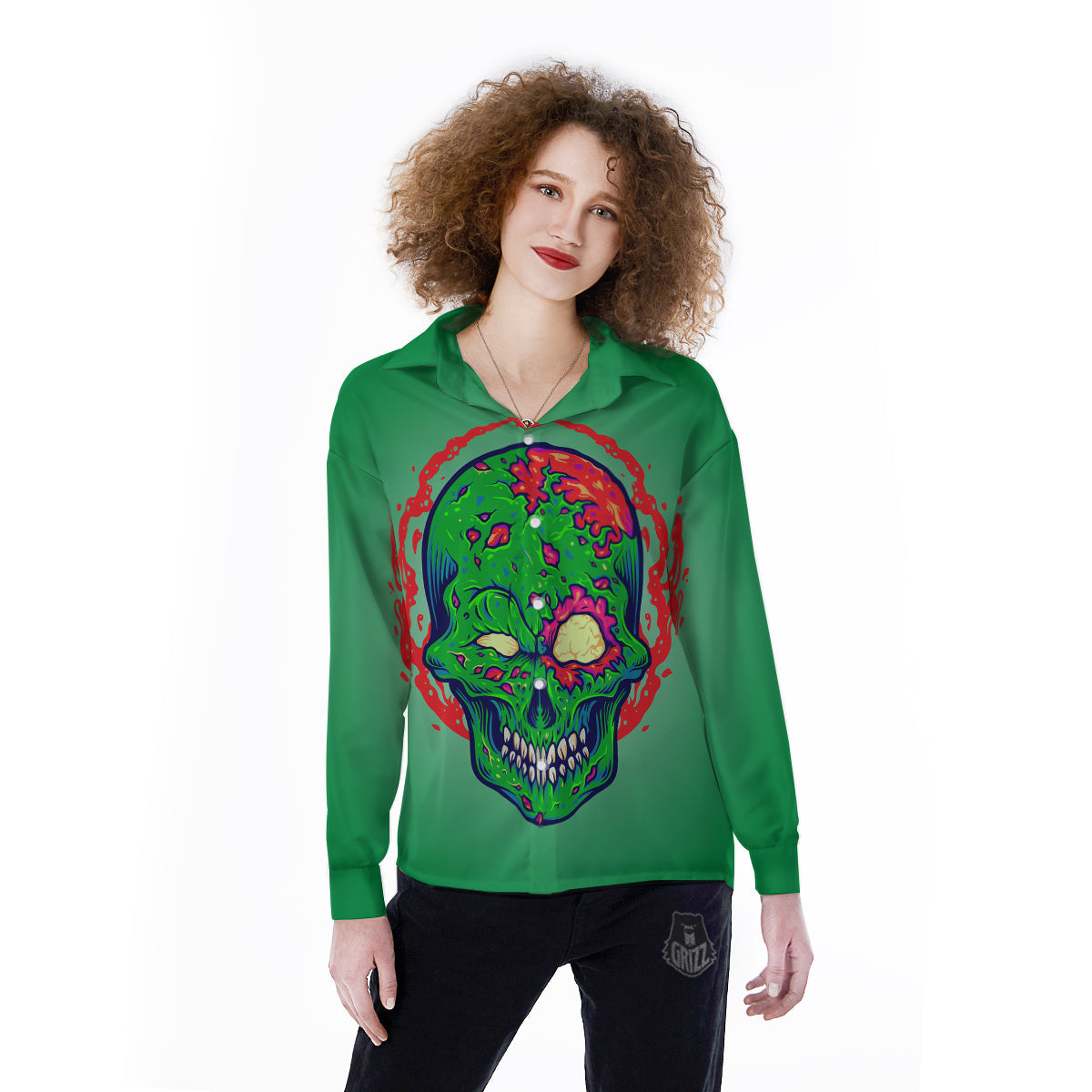 Zombie Halloween Skull Print Women's Long Sleeve Shirts-grizzshop