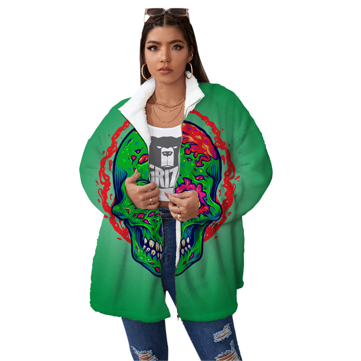 Zombie Halloween Skull Print Women's Sherpa Jacket-grizzshop