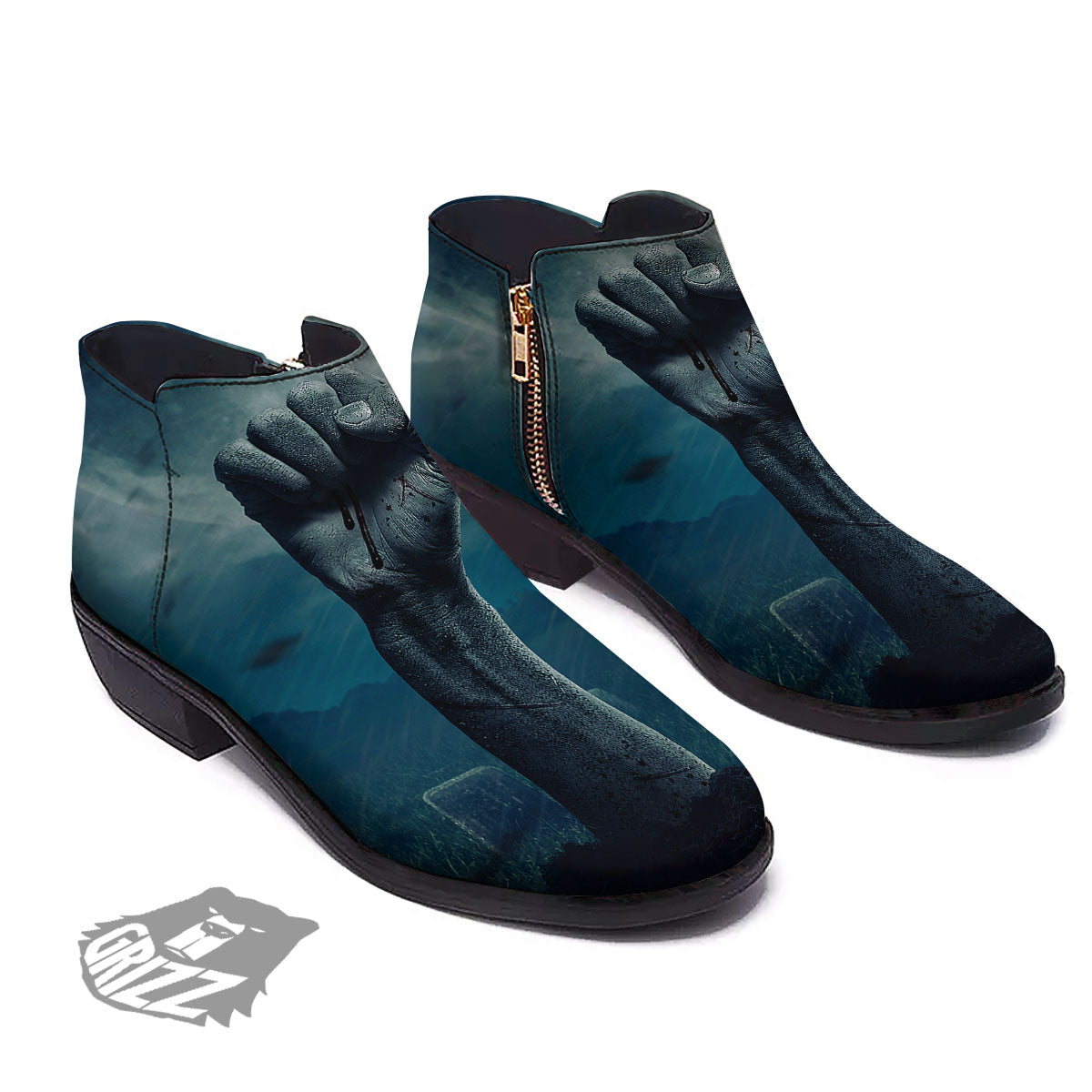 Zombie Hand Rising From Grave Print Ankle Boots-grizzshop