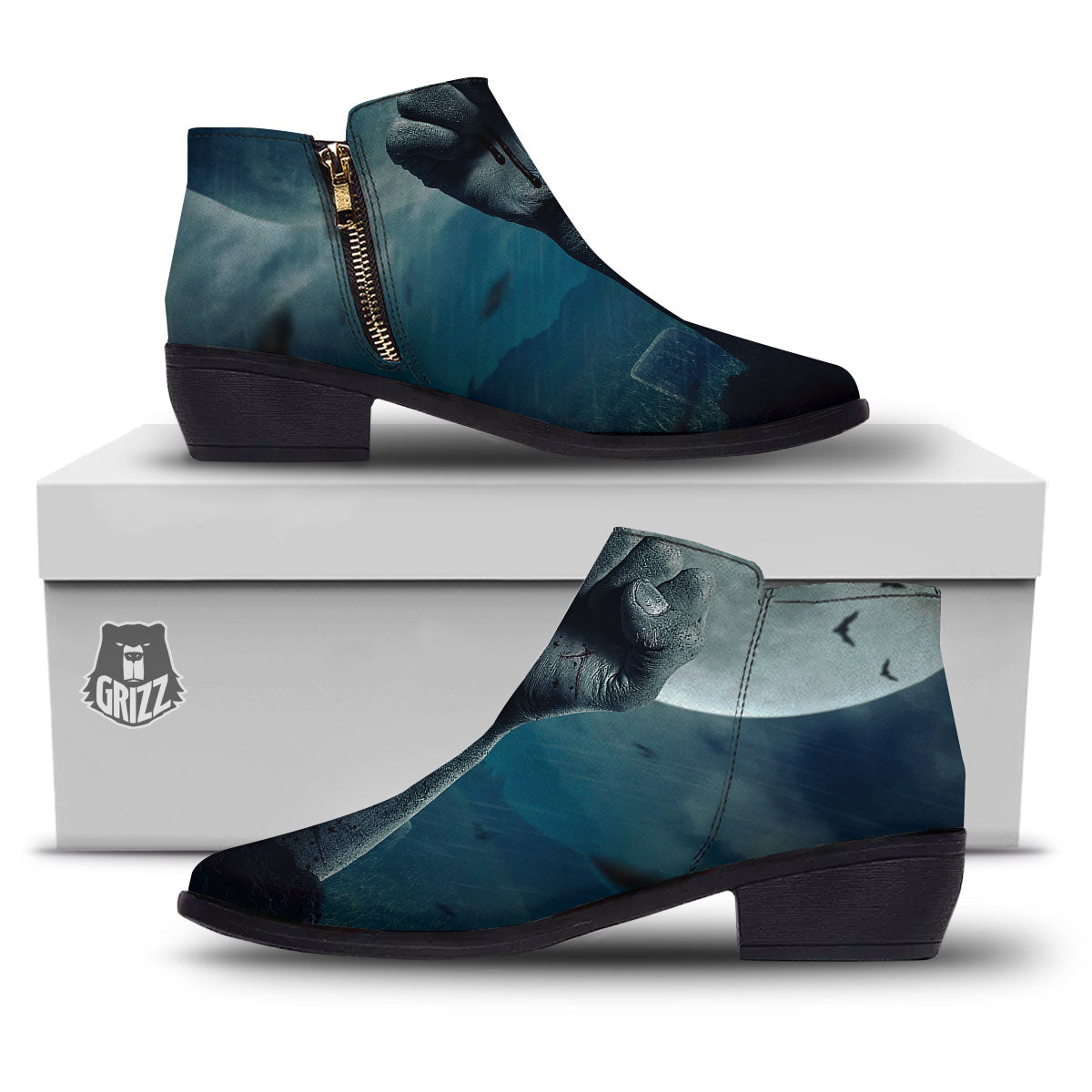 Zombie Hand Rising From Grave Print Ankle Boots-grizzshop