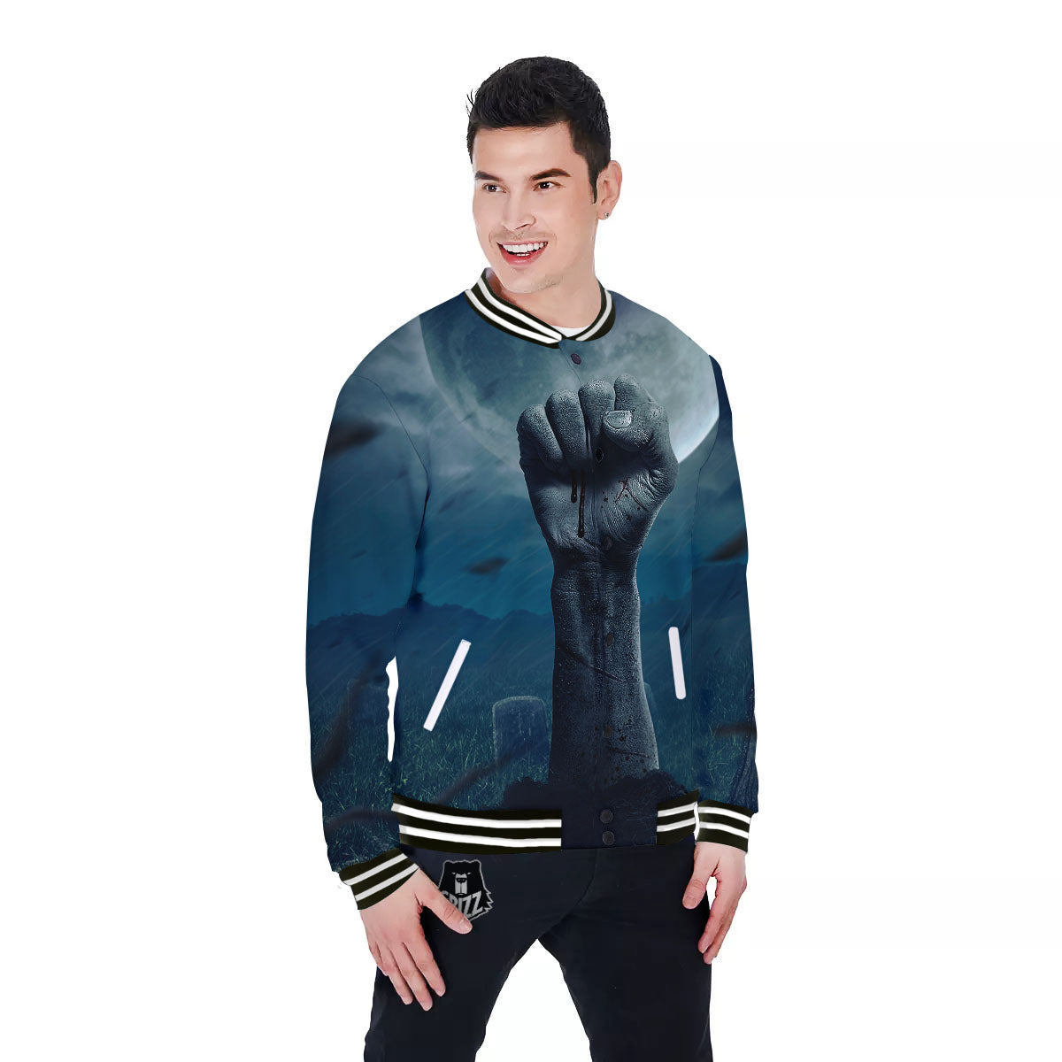 Zombie Hand Rising From Grave Print Baseball Jacket-grizzshop
