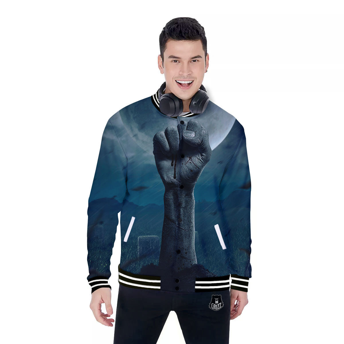 Zombie Hand Rising From Grave Print Baseball Jacket-grizzshop