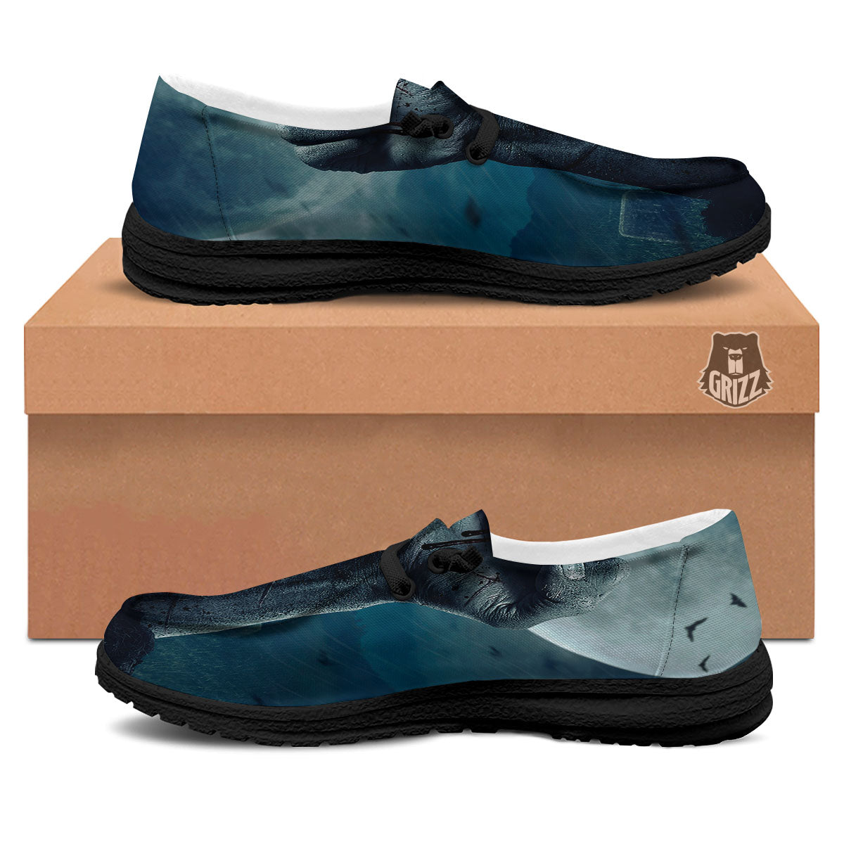 Zombie Hand Rising From Grave Print Black Loafers-grizzshop