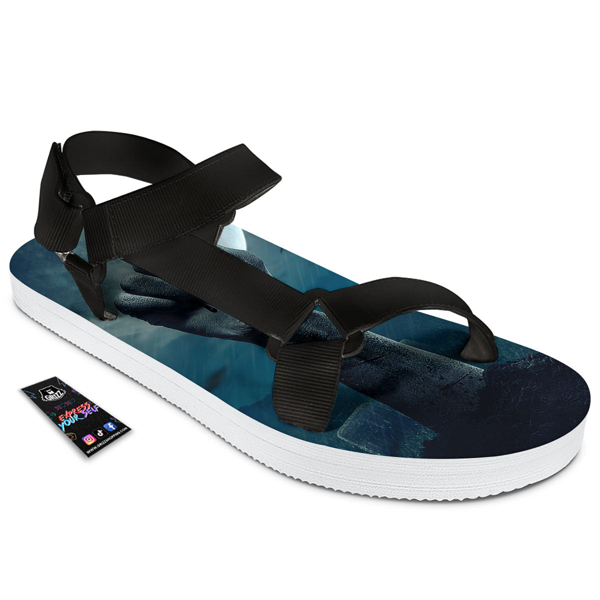 Zombie Hand Rising From Grave Print Black Open Toe Sandals-grizzshop