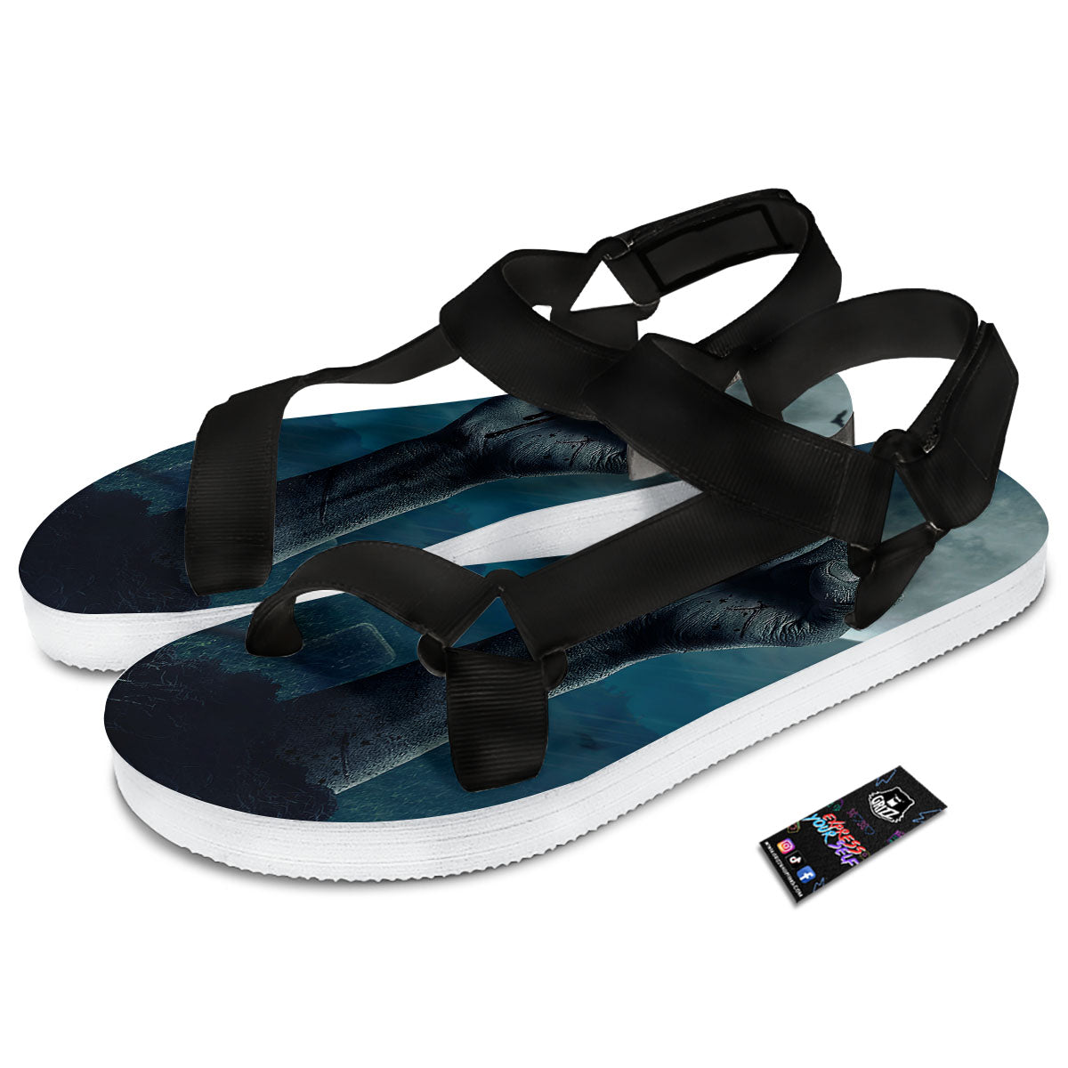 Zombie Hand Rising From Grave Print Black Open Toe Sandals-grizzshop