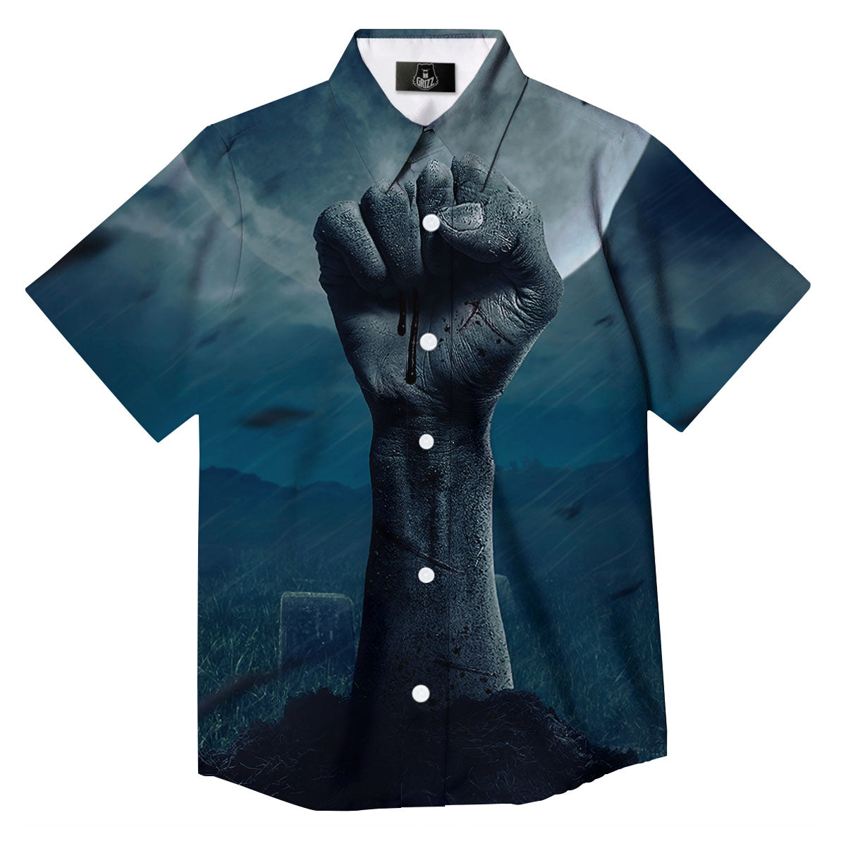 Zombie Hand Rising From Grave Print Button Up Shirt-grizzshop