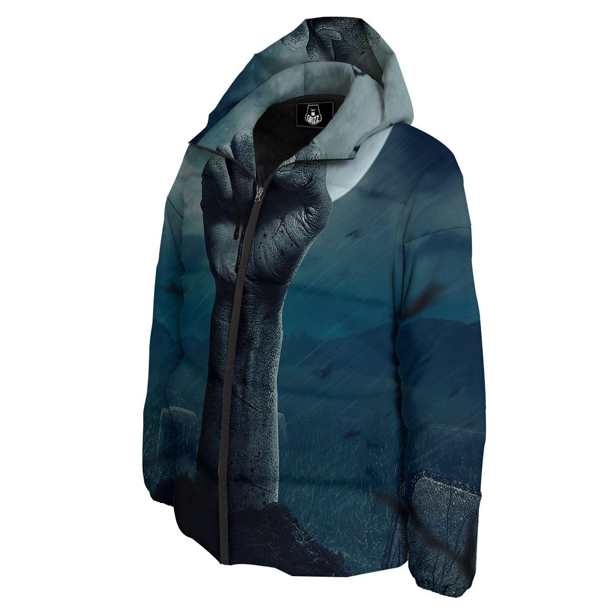 Zombie Hand Rising From Grave Print Down Jacket-grizzshop