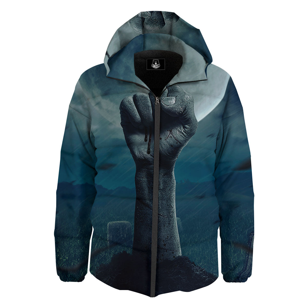 Zombie Hand Rising From Grave Print Down Jacket-grizzshop