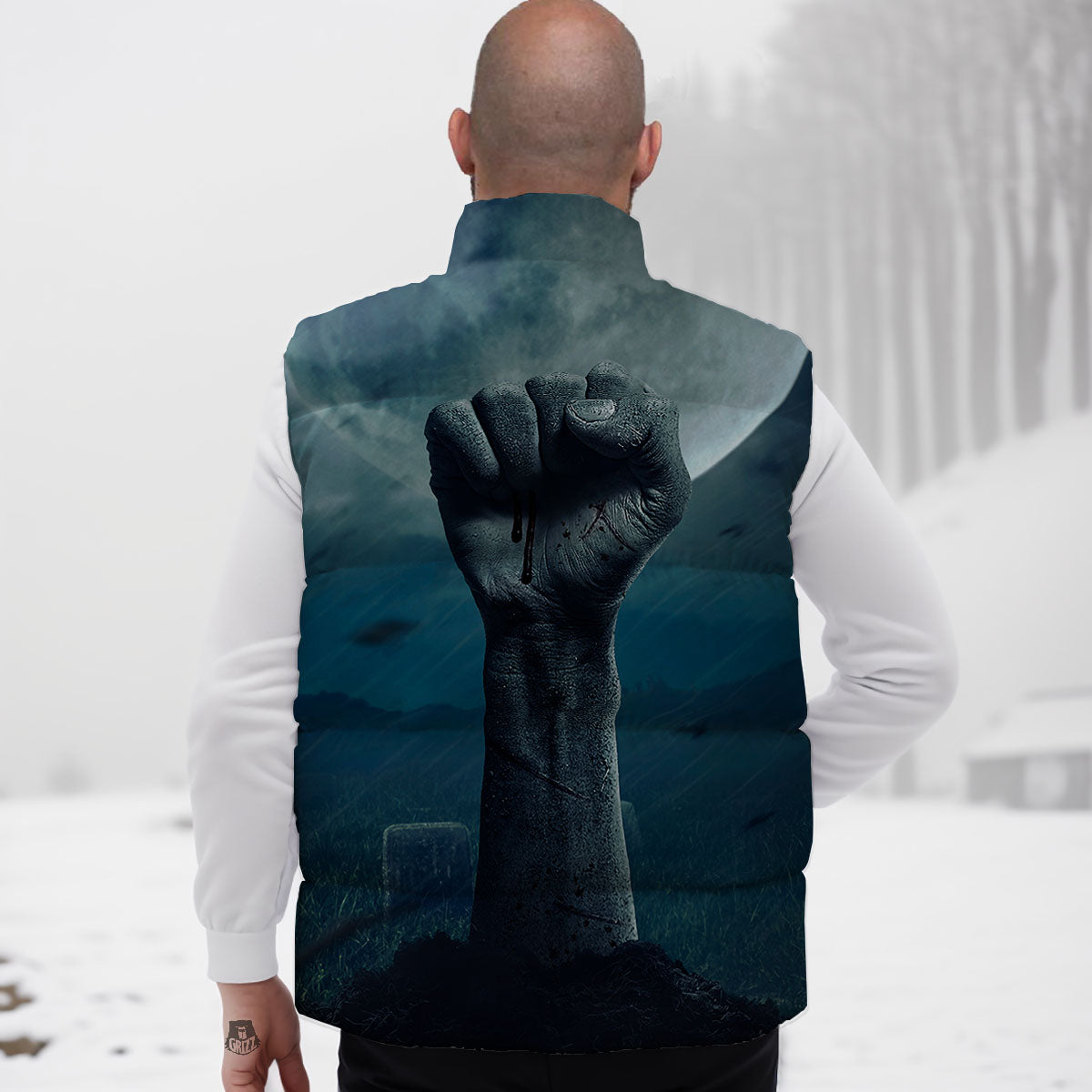 Zombie Hand Rising From Grave Print Down Vest
