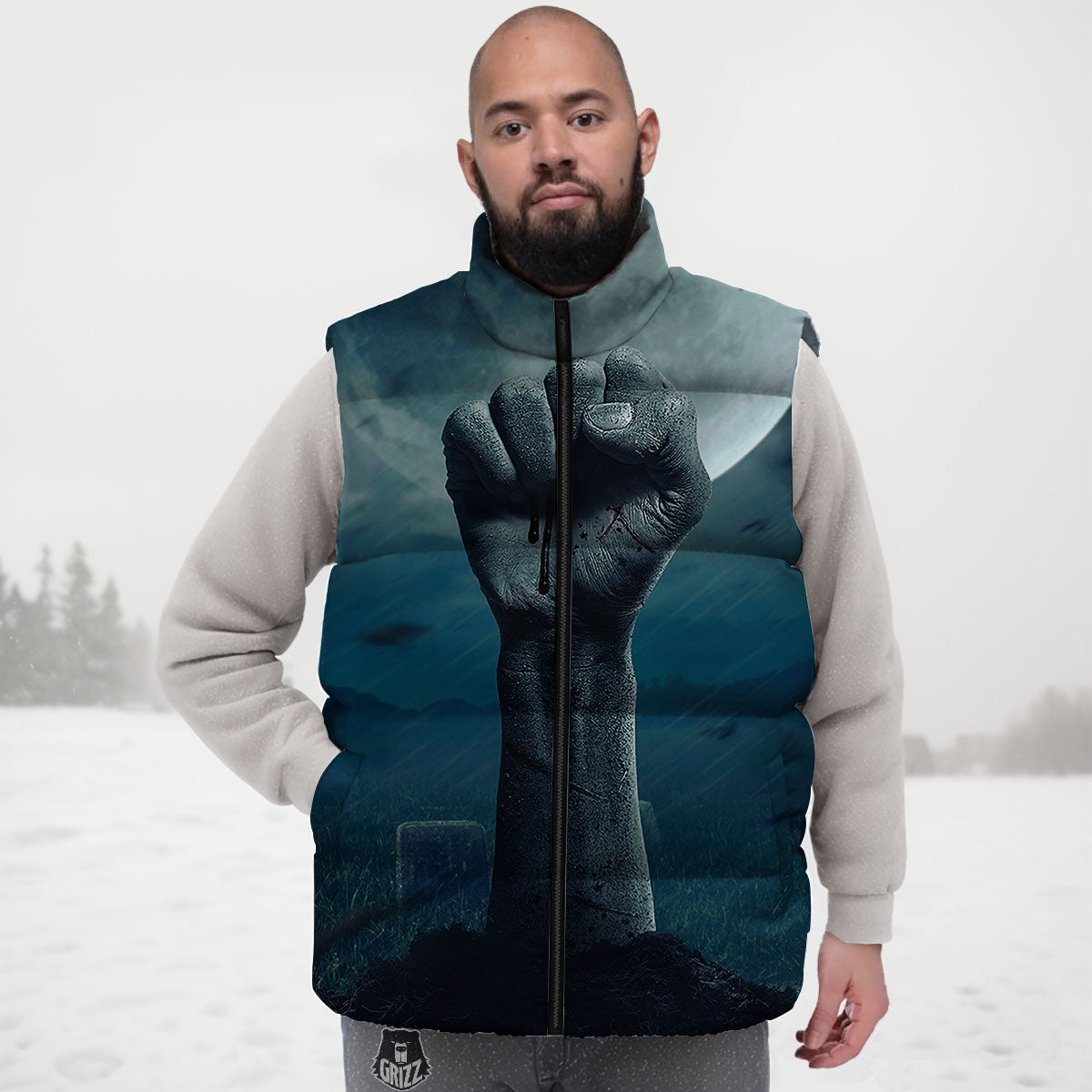 Zombie Hand Rising From Grave Print Down Vest
