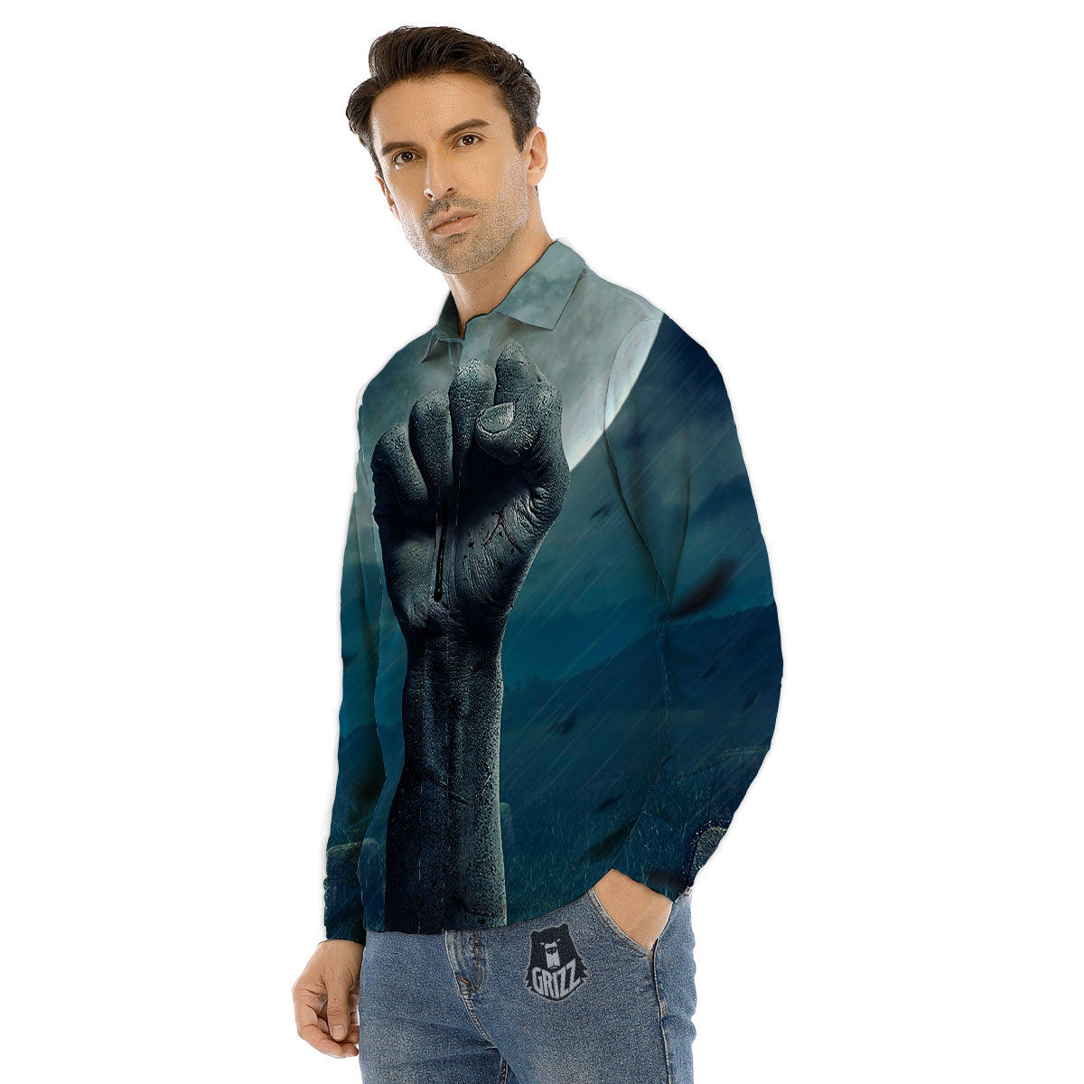 Zombie Hand Rising From Grave Print Men's Dress Shirts-grizzshop