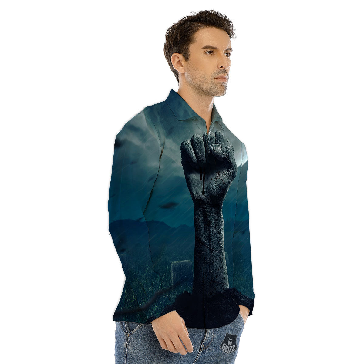 Zombie Hand Rising From Grave Print Men's Dress Shirts-grizzshop