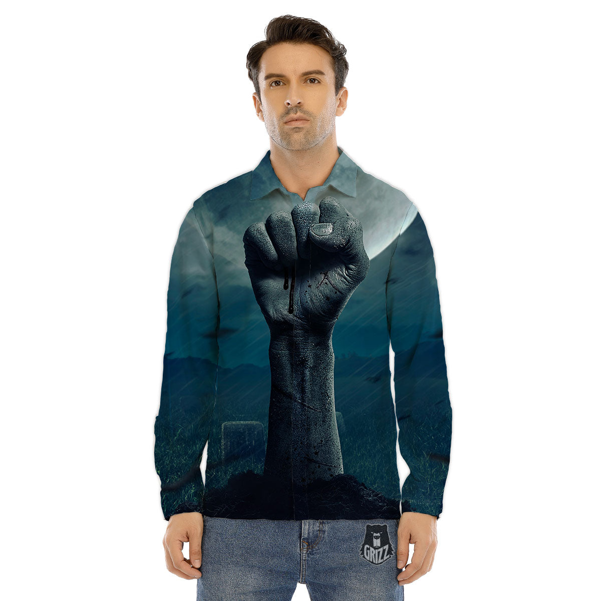 Zombie Hand Rising From Grave Print Men's Dress Shirts-grizzshop